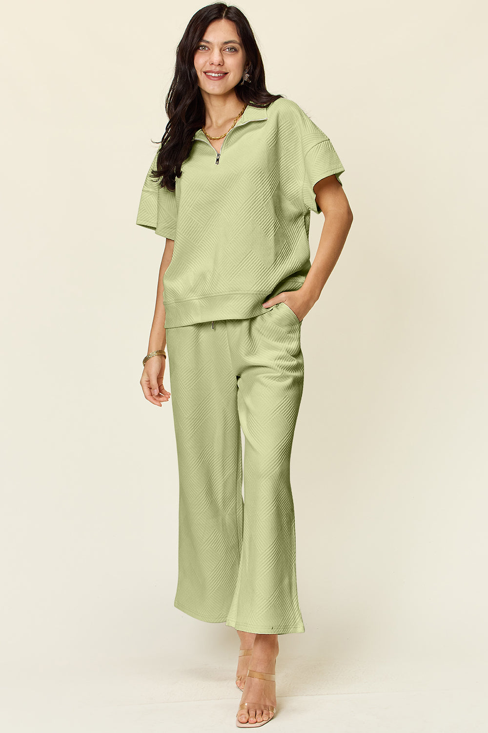 Double Take Full Size Texture Half Zip Short Sleeve Top and Pants