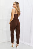 Capella Comfy Casual Full Size Solid Elastic Waistband Jumpsuit in Chocolate