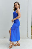 Culture Code Look At Me Full Size Notch Neck Maxi Dress with Slit in Cobalt Blue