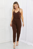 Capella Comfy Casual Full Size Solid Elastic Waistband Jumpsuit in Chocolate