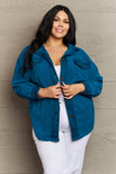 Zenana Cozy in the Cabin Full Size Fleece Elbow Patch Shacket in Teal