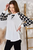 Hailey & Co Full Size Plaid Raglan Sleeve Round Neck Blouse